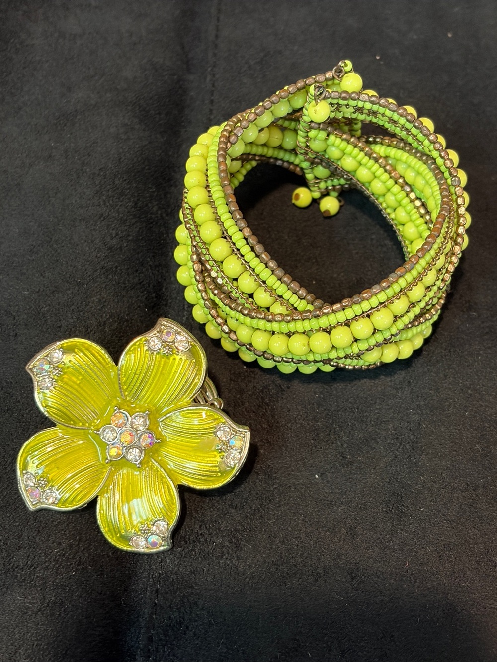 Lime Green Beaded Wrap Bracelet and Floral Ring Set